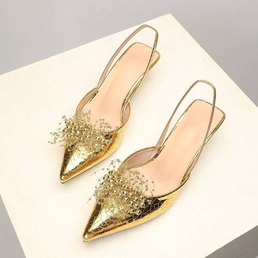 OMS Pointed-Toe Stiletto Heels For Women, 2025 Spring/Summer New French Style Open-Toe Breathable Backless Mid-Heel Dress Shoes, Elastic Band, Gold, Lightweight And Breathable For All Seasons