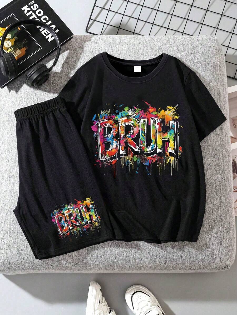 2PCs Tween Boy Slogan Print Crew Neck T-Shirt And Shorts Set, Spring Summer Boys Casual Sports T-Shirt Soft Top