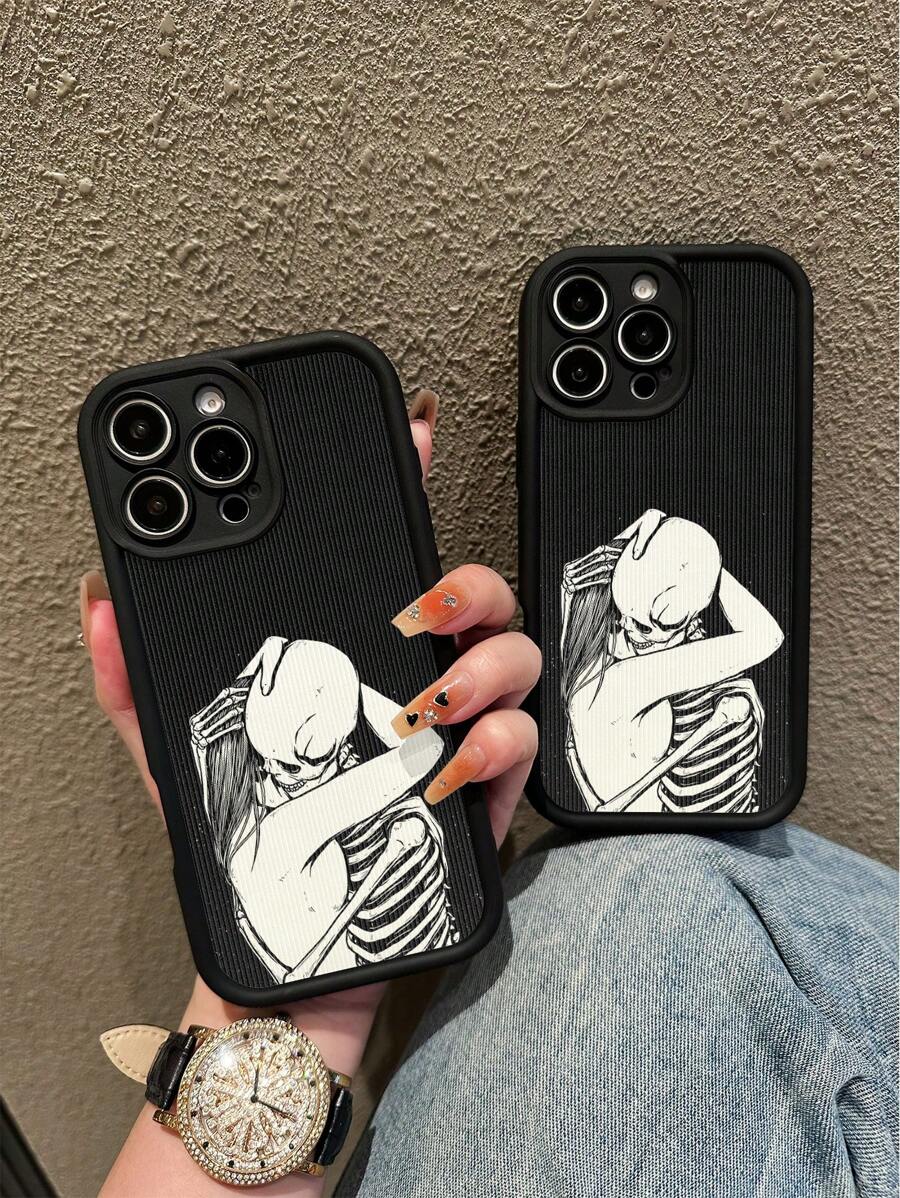 Skeleton1pc Illustration Skull Hugging Design Dark Style Phone Case Compatible With IPhone 11, 12, 13, 14, 11 Pro Max, 12 Pro Max, 13 Pro Max, 14 Pro Max, XR, 15, 15 Pro, 15 Pro Max, 16, 16 Pro, 16 Pro Max, Galaxy, Redmi, Oppo, Vivo, OnePlus, Honor