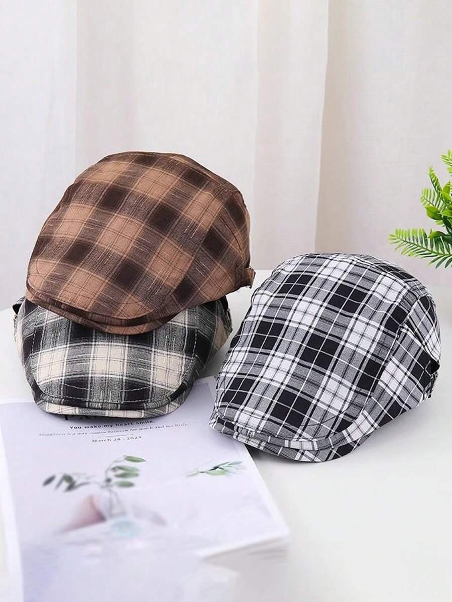 1st Heren Lente/Zomer Polyester Tweed Baret Hoed, Zonwerende Plaid Pet Voor Lente Herfst