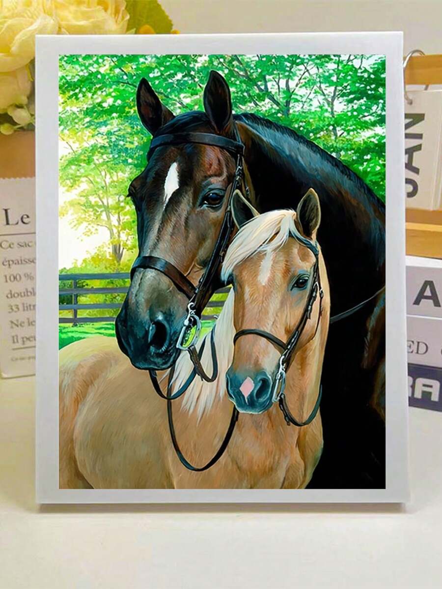 1 pieza Kit de Arte de Diamante, Pintura de Diamante 5D con patrón de Dos Caballos Corriendo, Kit de Punto de Cruz como Regalo, Bordado de Diamante de Mosaico, Adecuado para Adultos Principiantes Relajación de Precisión Manualidades, Diamante Completo Redondo Lunar DIY, Excelente para Decoración de Paredes en el Hogar y la Habitación