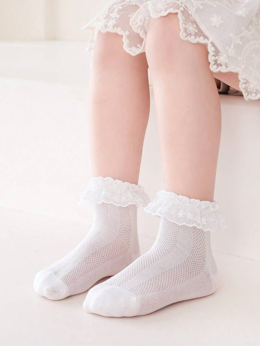 1 Pair Girls Solid Color Lace Trim Hollow Breathable Princess Baby Socks