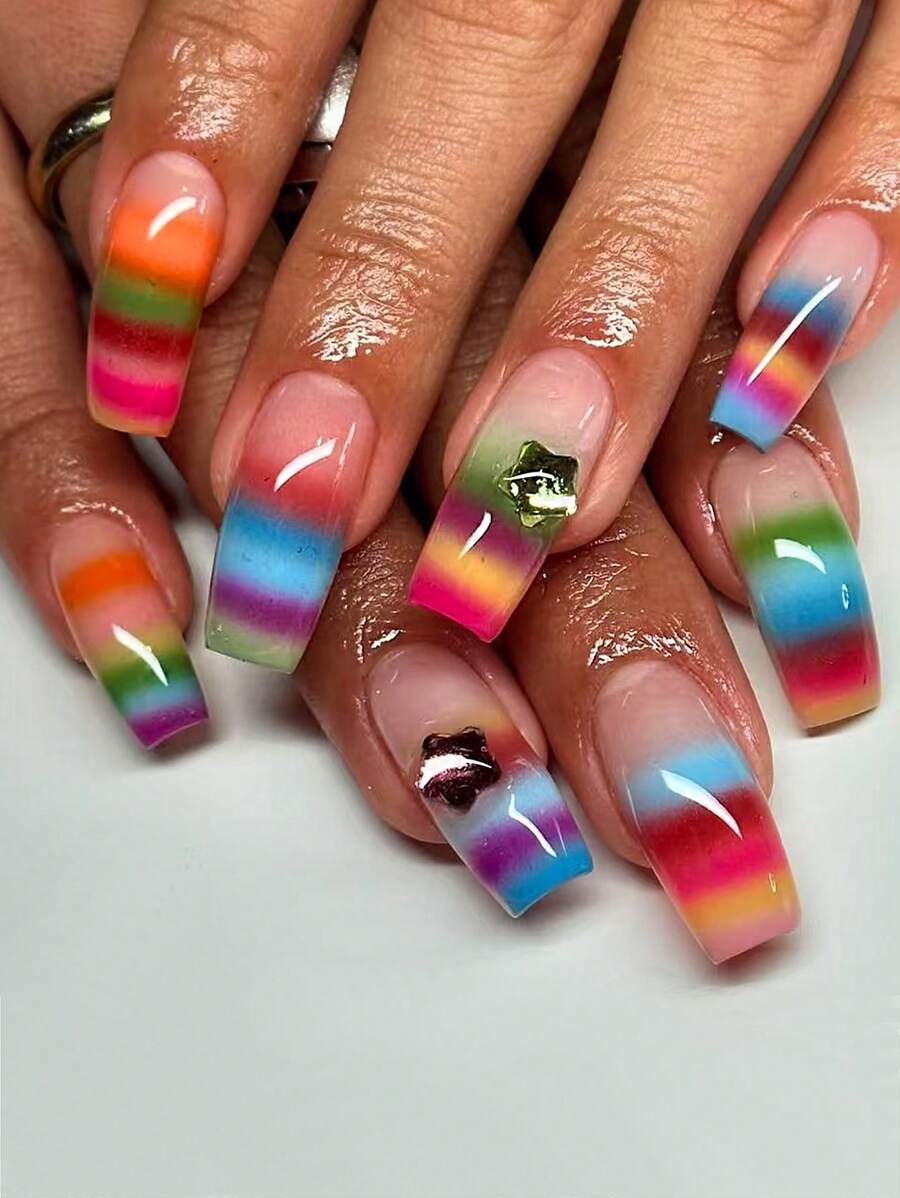 Elevate Your Style With 24 Pcs Long Square Press On Nails Gift Box Summer Dopamine Color Neon Gradient Vitality Aurora Color Pentagon-Heart Girl Gift, Banquet Holiday Fake Nails With Jelly Glue 1 Piece File Strip 1