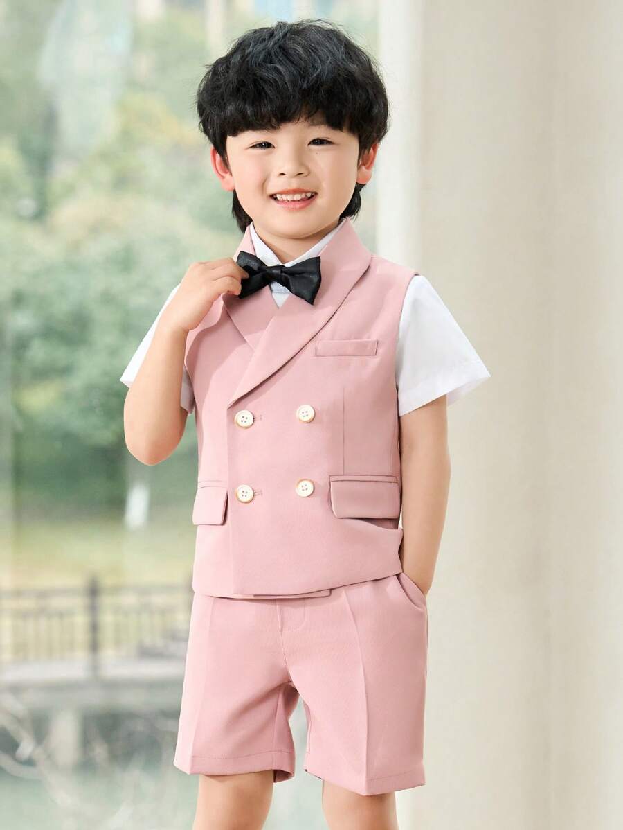 3 Peças Conjunto de Colete + Shorts + Gravata Borboleta para Meninos, Traje Formal Adequado para Apresentação Escolar, Pajem de Casamento, Ocasiões de Feriado, Verão