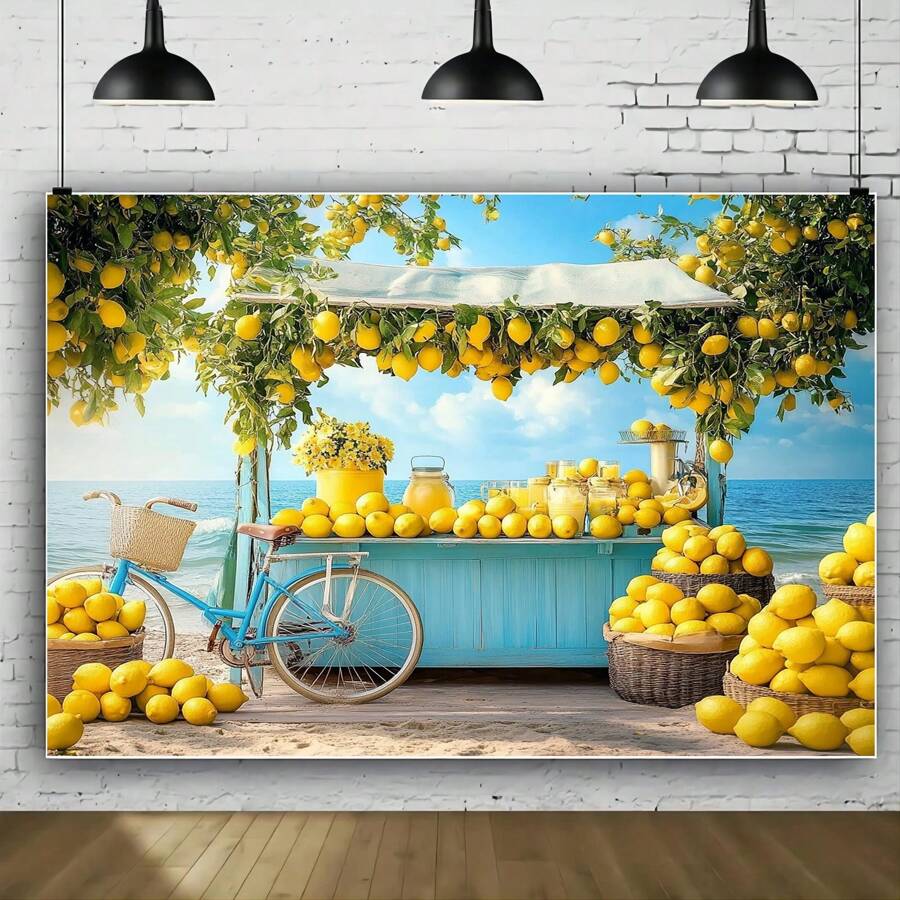 1 Polyester Fiber Summer Lemon Stall Beach Bike Background Banner, Suitable For Birthdays, Weddings, Anniversaries, And Multifunctional Party Decorations, With Sizes Ranging From 39x59 Inches To 70.8x90.5 Inches