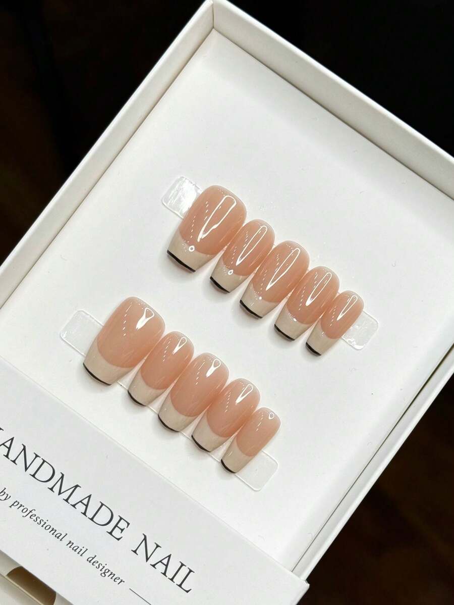 Uñas postizas, diseño de manicura francesa con borde negro hecho a mano, suministros de arte de uñas