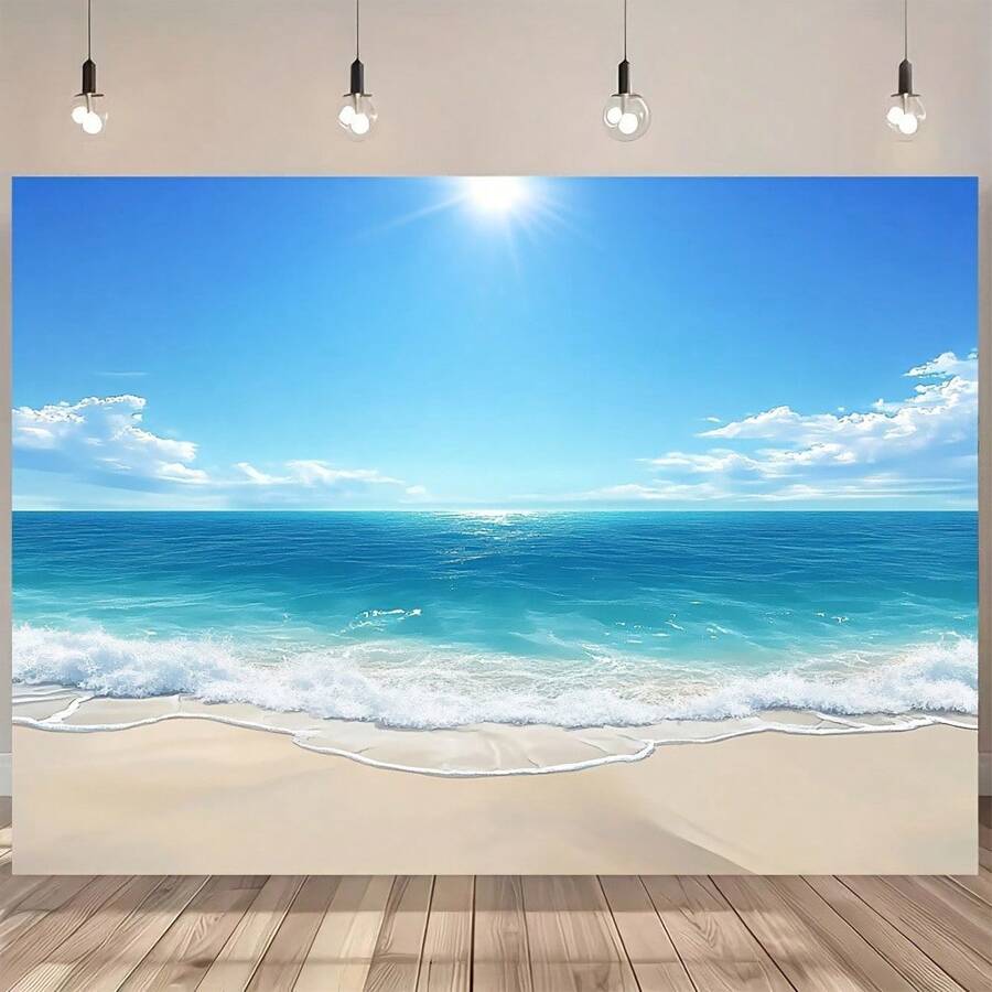 1 Fundo de céu de praia de fibra de poliéster estilo costeiro, decoração de parede com paisagem oceânica havaiana, sem penas, adequado para adereços fotográficos de feriados e festas, sem necessidade de energia, adequado para uso universal interno/externo