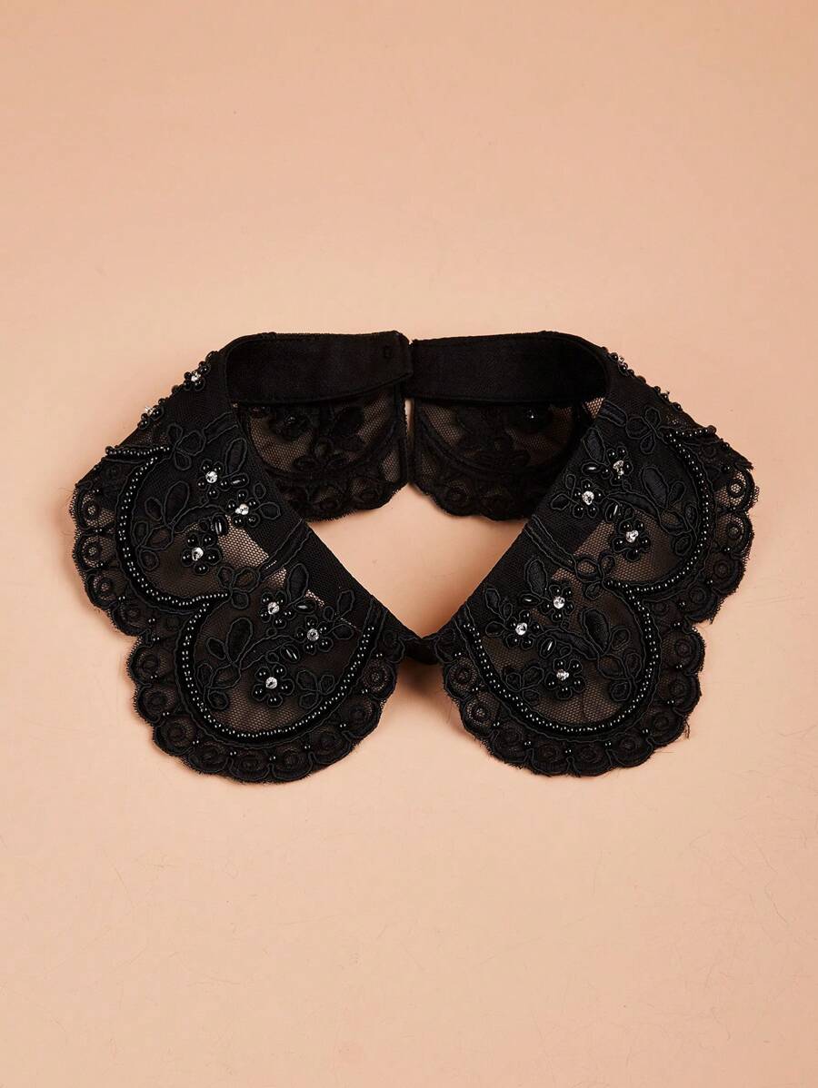 1pc White Mesh Embroidered Vintage Beaded Collar, Fashion Versatile Round Collar Detachable Collar, Bohemian Vintage Casual Cute Elegant