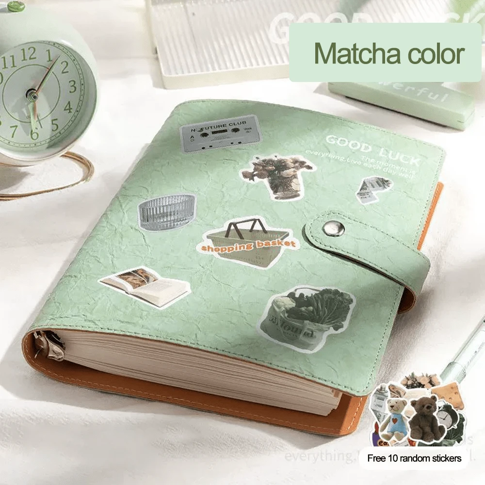 Cuaderno de estética de buena suerte: diario Kawaii, planificador, álbum de recortes con 10 pegatinas aleatorias gratis, diseño lindo de bolsa de la compra, útiles escolares, vuelta al cole
