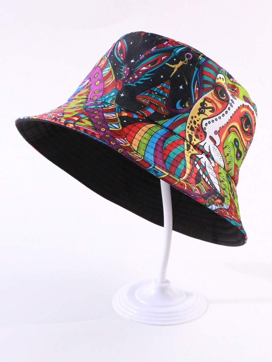 1 szt. Damski spersonalizowany losowy wzór lokalizacji Demon Eye & Face Reversible Bucket Hat, Outdoor Casual Sun Protection Hip Hop