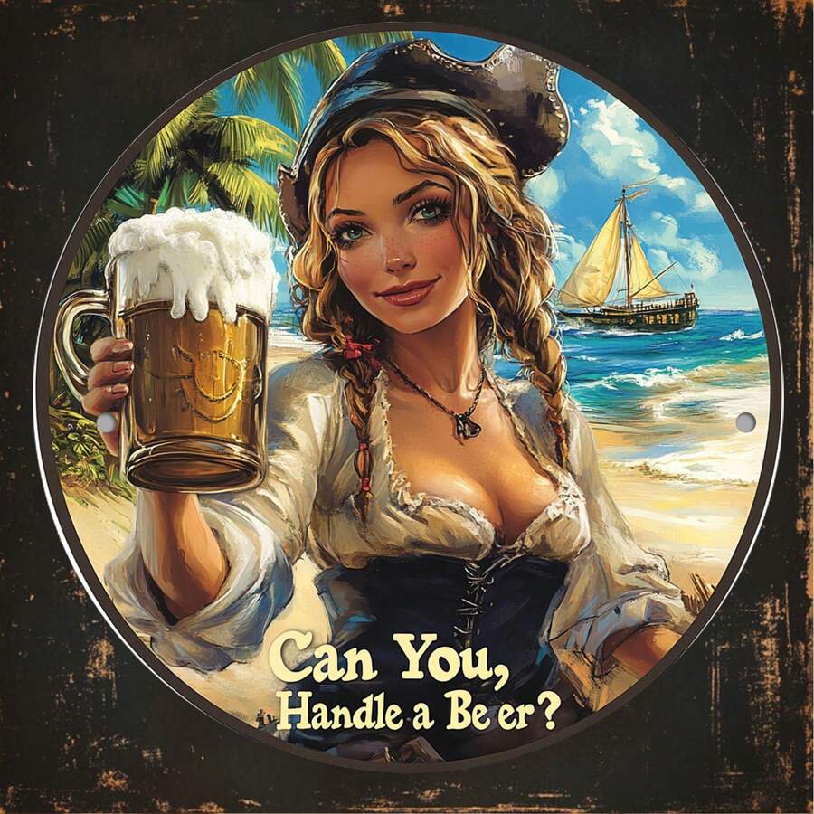 1pc Vintage Piraten-Thema 2D Rond Aluminium Bord, High-Definition Bedrukte Metalen Wandkunstposter, Humoristisch Decoratief Cadeau, Waterdicht, Stofdicht, Makkelijk Op te Hangen, Voor Thuis, Tuin, Bar, Café, Kantoor, Patio, Strand, Galerij, Sportschool, Garage, Wasruimte, Man Cave, Badkamer, Boerderij Cadeaus Verjaardag Afstuderen