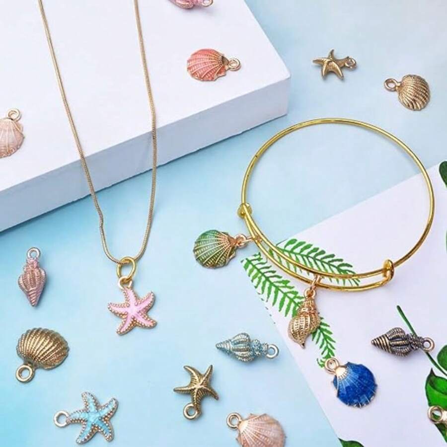 30pcs Alloy Colored Enamel Ocean Series Charms, Sea Star, Seashell, Sea Snail Pendants For DIY Jewelry Making, Crafts, Birthday, Wedding, Party Gifts