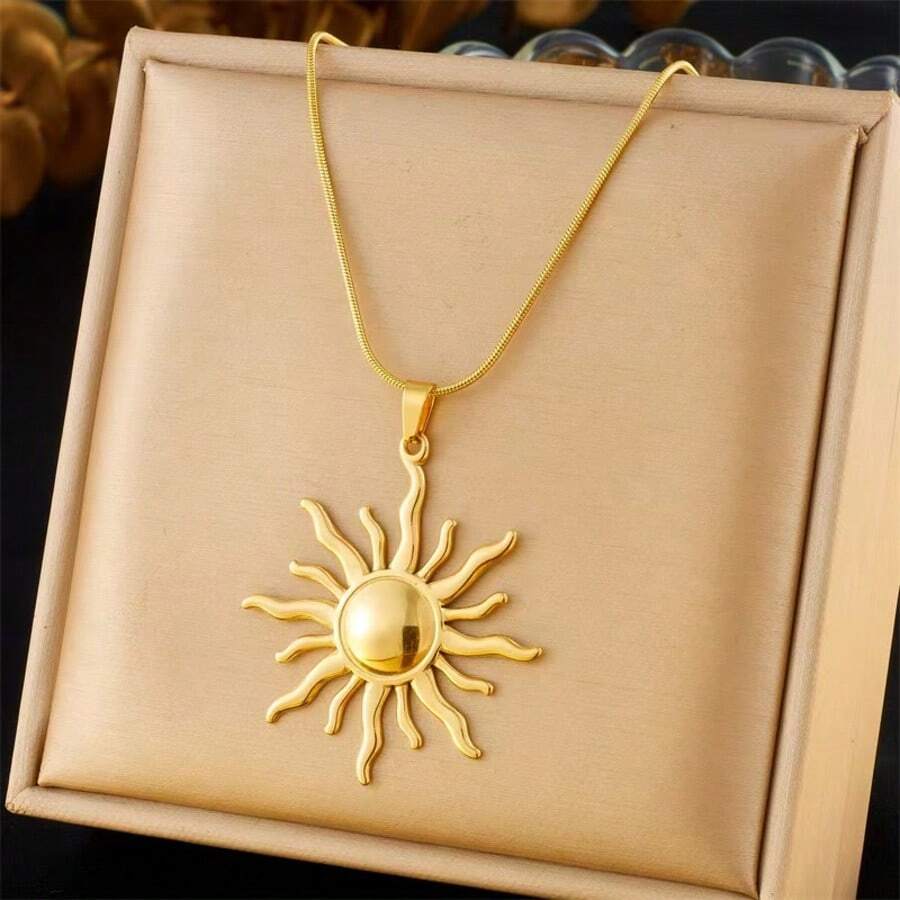 1pc Women's Stainless Steel 18K Gold Plated Sun Shaped Pendant Necklace