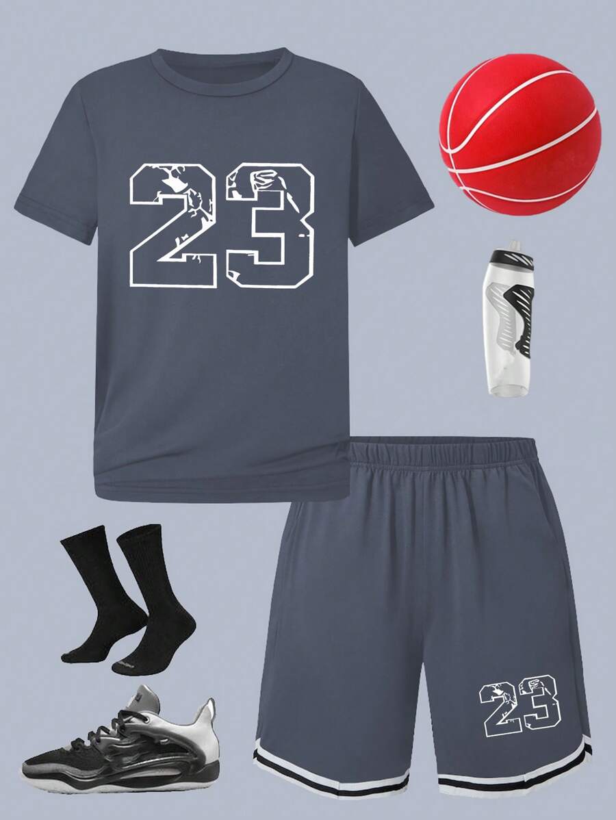 Set de 2 piezas de ropa deportiva para niños, camiseta informal con estampado de letras de baloncesto y conjunto de shorts, para niños mayores
