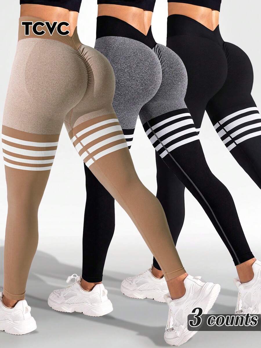 TCVC Leggings sportivi con vita a vita alta e arricciature, in colore lino rigato per donne, con alta elasticità e senza cuciture, ideali per yoga e attività indoor/all'aperto, con controllo della pancia e effetto push-up, casual e versatili