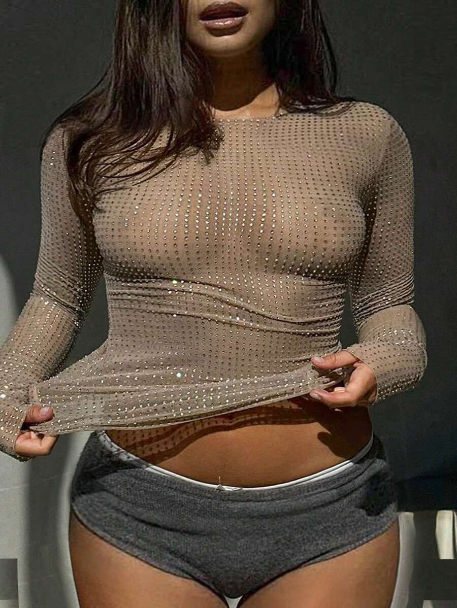 Music Carnival Plus Size Women's Fashion Sexy Sparkling Rhinestones See-Through Hot Girl Slim Fit Elegant Versatile Long Sleeve Round Neck Top