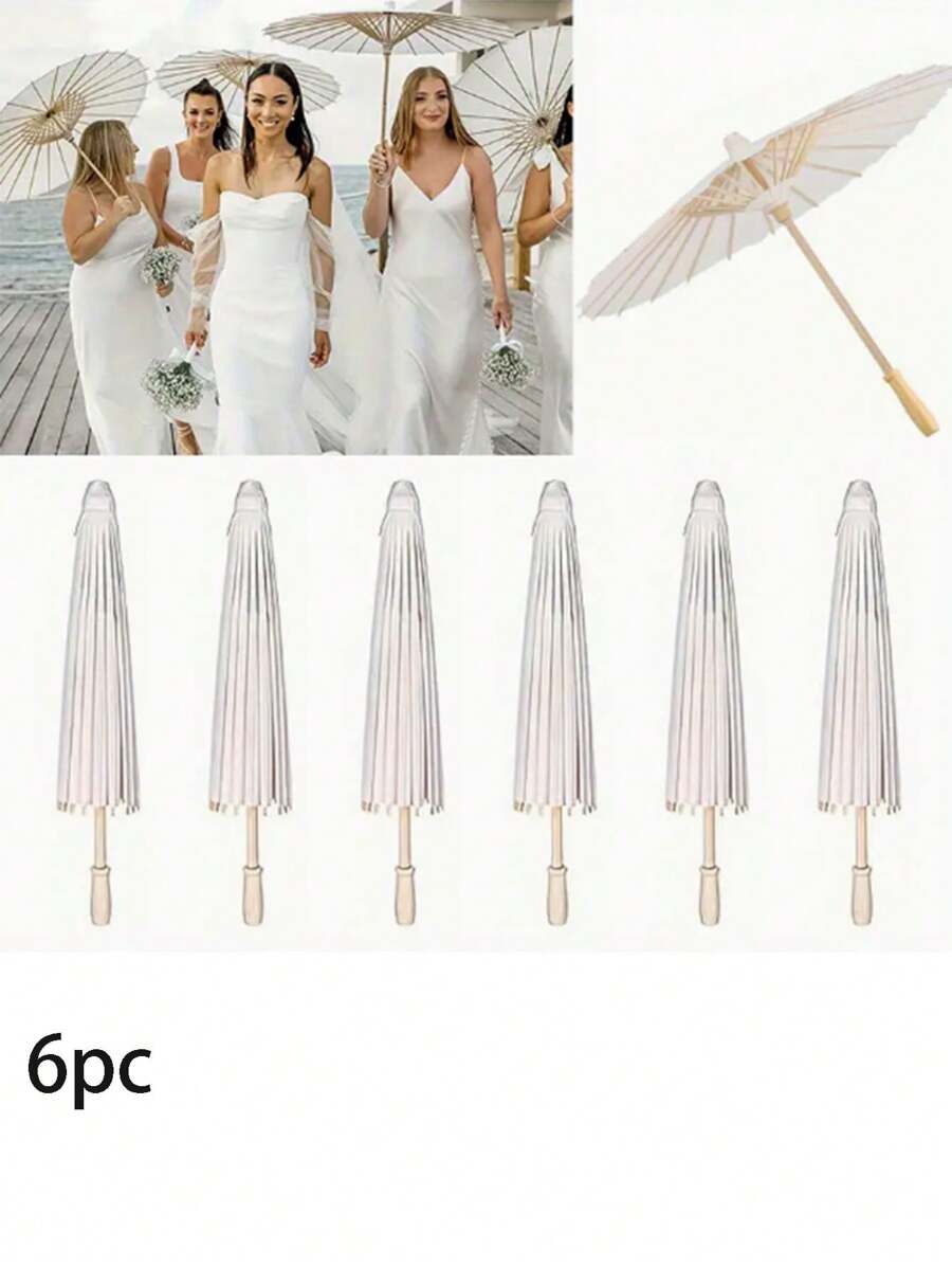 6pcs/1pc White Paper Umbrella - Wooden Handle, No Power Or Feathers Required, Perfect For Weddings, Photo Shoots, Makeup, Parties, Beach Decorations.
