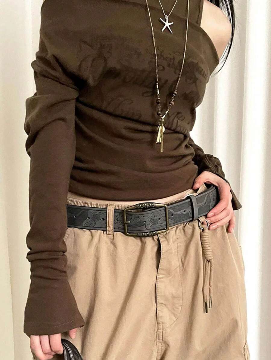 1 pieza Cinturón versátil de moda con textura con relieve vegetal de piel sintética gris para mujer