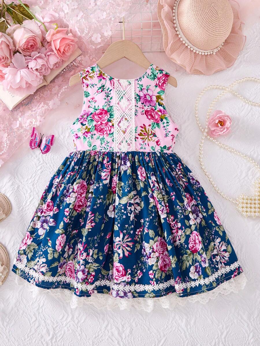 Vestido de flores con estampado floral lindo para niñas, vestido de princesa de flores de verano de moda clásica con parches de encaje