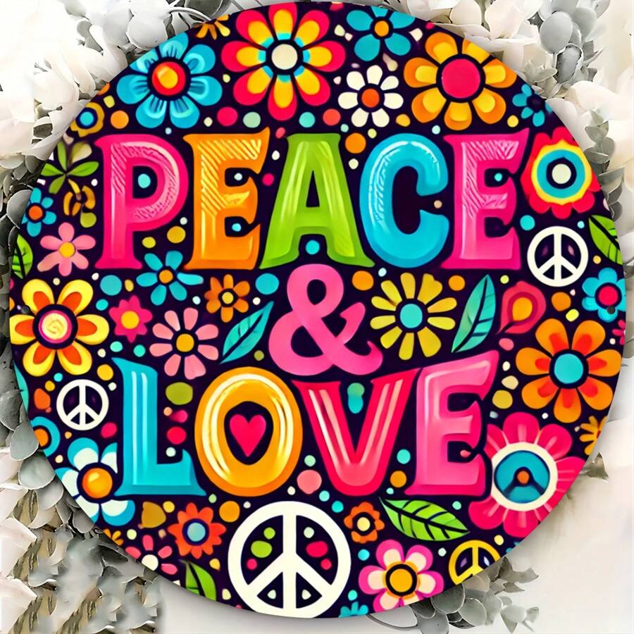 1pc Retro ijzeren bord, 8x8 inch - Peace And Love wanddecoratie, waterdicht, kleurvast, hitte- en koudebestendig, voorgeboorde gaten voor eenvoudige installatie, geschikt voor thuis, garage, veranda, café, club - Engelse tekst, multifunctionele binnen-/buitendecoratie