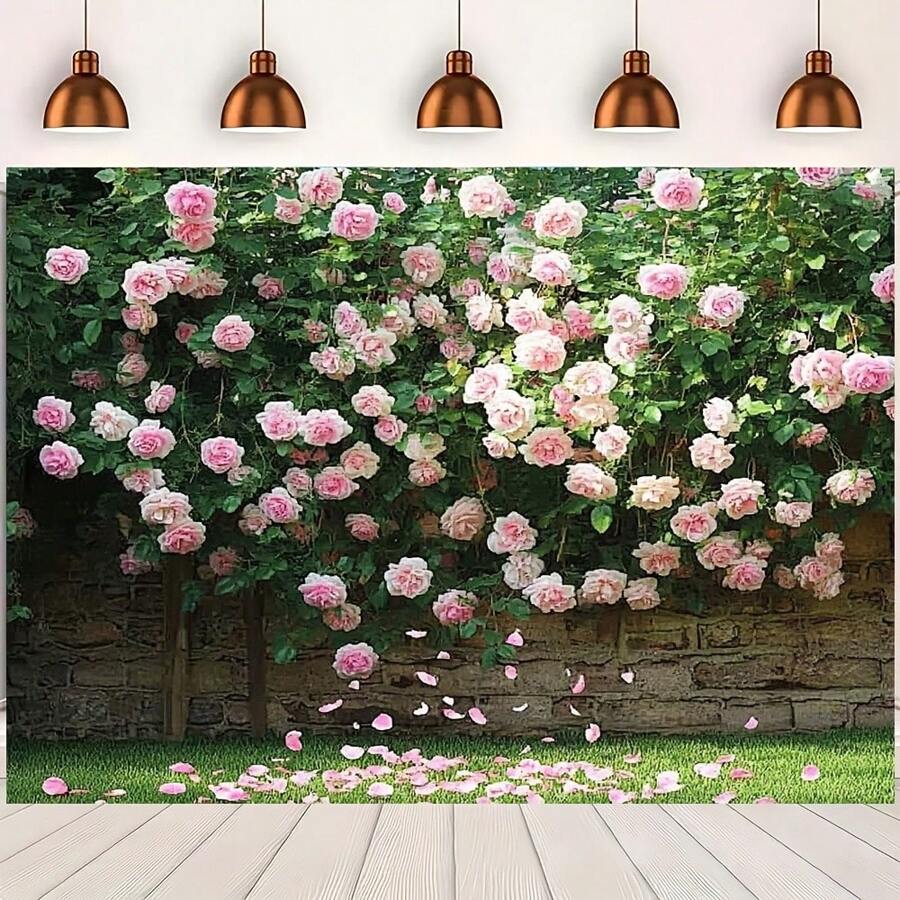 1 Fundo de jardim de primavera exuberante com rosas cor-de-rosa - fibra de poliéster, perfeito para atividades ao ar livre, acampamento, pesca, piquenique, decoração de festa e adereços para cabine de fotos, decoração de pátio externo
