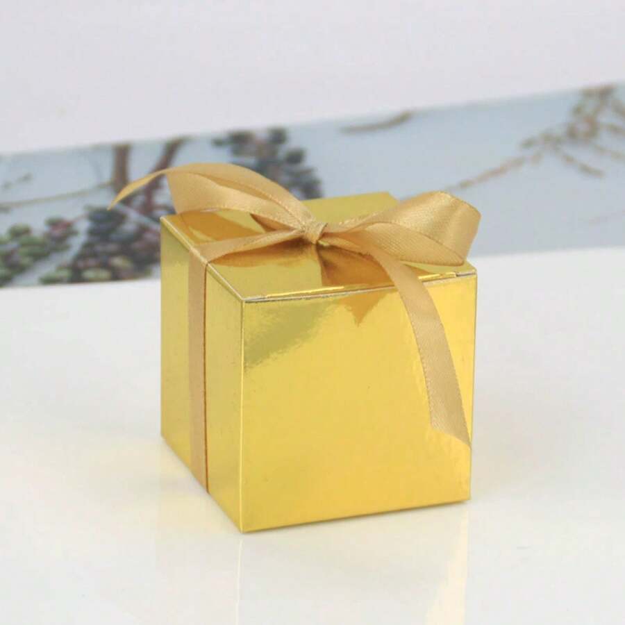 10 pièces Boîtes à bonbons carrées avec rubans, boîtes carrées de faveur de couleur unie, options multi-couleurs, boîtes à bonbons carrées simples, boîtes cadeaux d'anniversaire de mariage, boîtes d'emballage de faveurs de mariage, boîtes à bonbons avec rubans