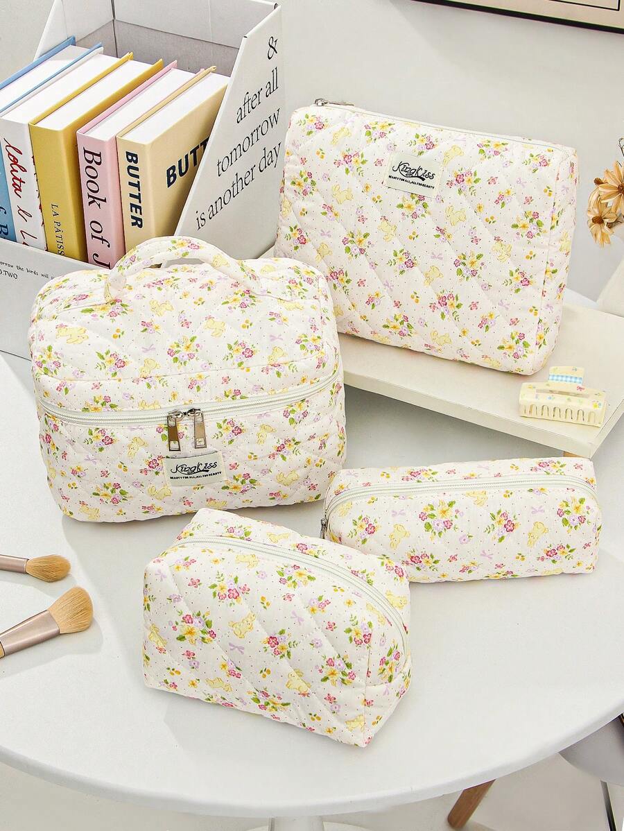 1 pieza/set Bolsa de maquillaje acolchada con estampado de conejito y floral, organizador cosmético multifuncional tipo cartera con cremallera para guardar lápices de labios, brochas, productos de cuidado de la piel, teléfono móvil, monedas y otros artículos pequeños para el hogar o viajes
