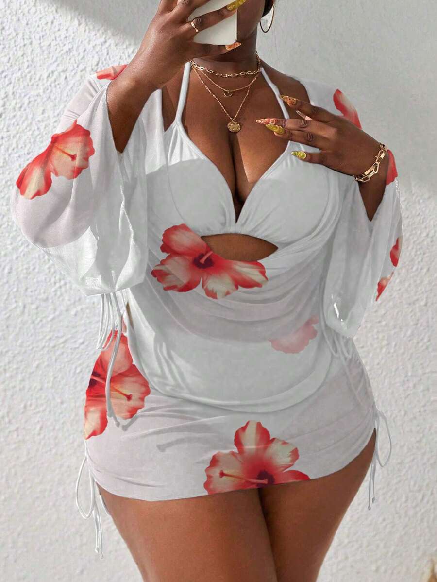 Plus Size Spa & Cruise 4-Piece Set, Sexy White Gauze Printed With Straps, Spring/Summer,Cover Up Skirt,Removable Swimwear Pads,Summer Dresses For Women,Summer Clothes Women,Festival,Skirts,Ibiza Outfits,Swimwear Women,Bikini Set,Swimming Costume Women,Beach Wear Women,Holiday Co Ord,Beach Dress,Bikinis For Women Sets,Swimsuit,Multicolor