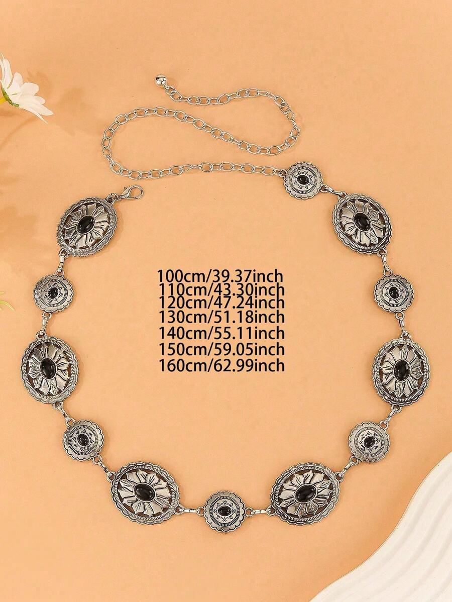 Cadena de cintura ajustable de mujer elegante y vintage de tono plateado, hecha a mano. Cinturón de cintura de aleación de zinc con gemas y estampado de lunares de unicolor, adecuado para uso diario, fiestas, citas, primavera/verano/otoño/invierno.