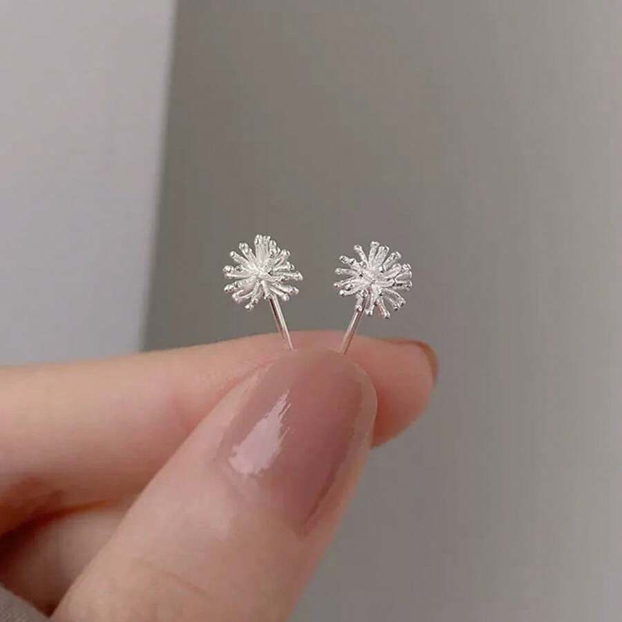 1pc Dainty Dandelion Design Stud Earring Made Of 925 Sterling Silver, Hypoallergenic, Bohemian & Minimalist Style For Women's Date Outfits