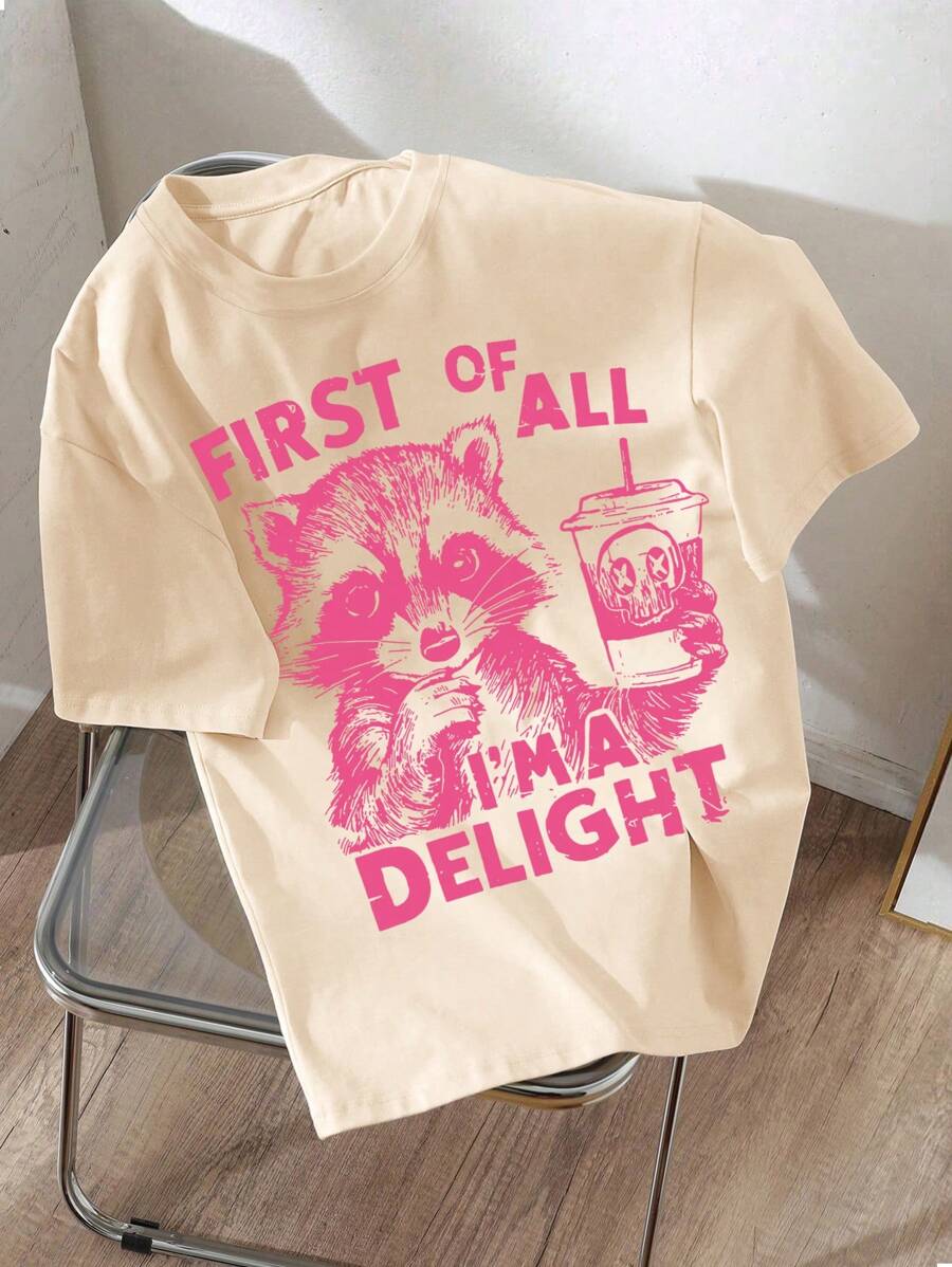 Teen Girl Raccoon Print Graphic Short Sleeve Tee For Summer