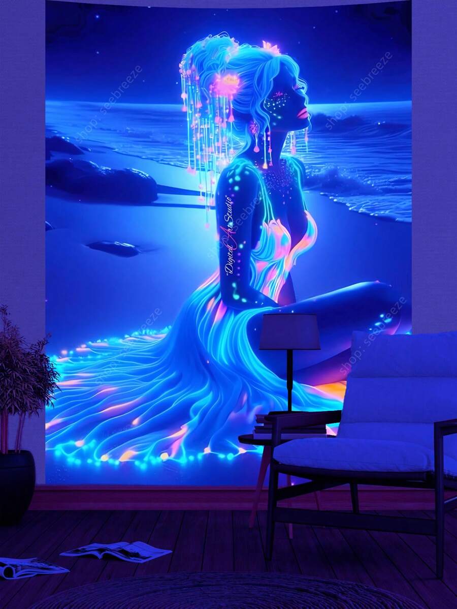 Neonowa świecąca syrena gobelinowa żywa nadmorska nocna sztuka ścienna fantasy dekoracja domu do sypialni salon akademik boho immersyjny design