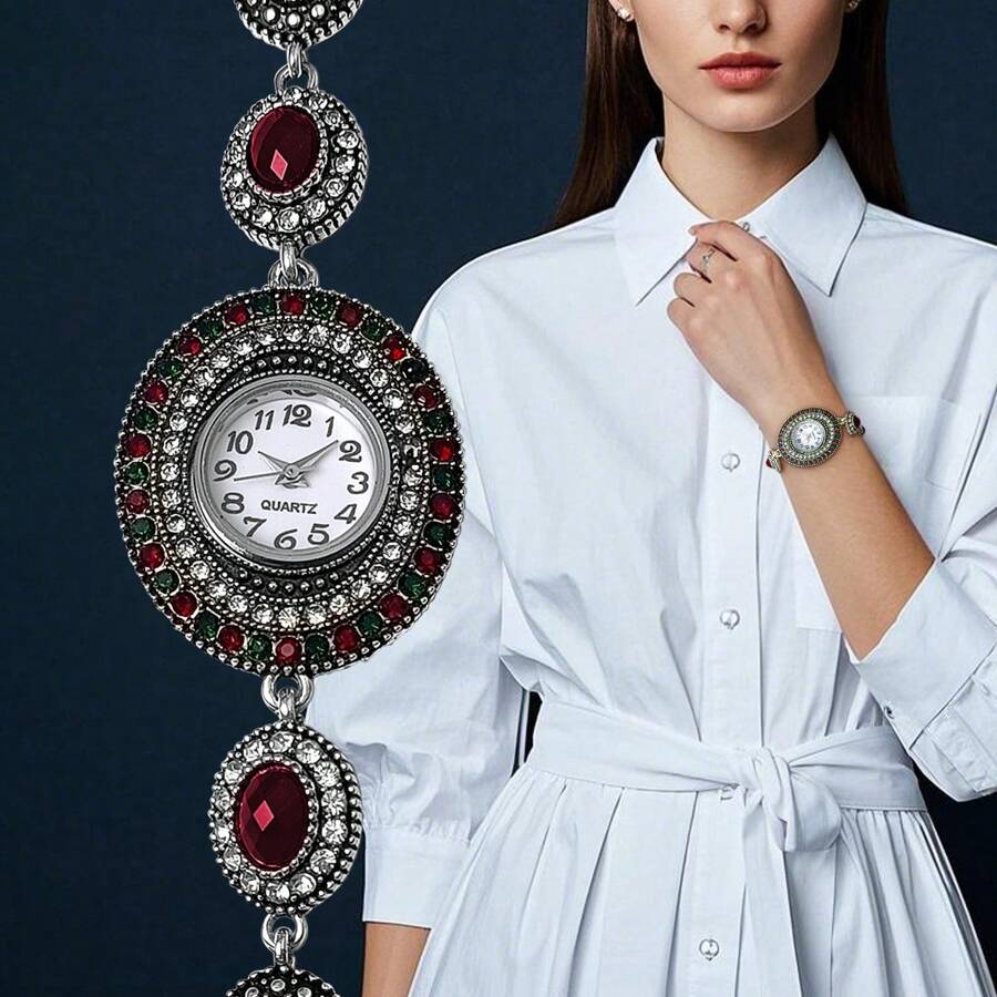 1pc estilo vintage feminino relógio de pulso de quartzo, moda luxo boêmio mostrador de numeral arábico, adequado como presente