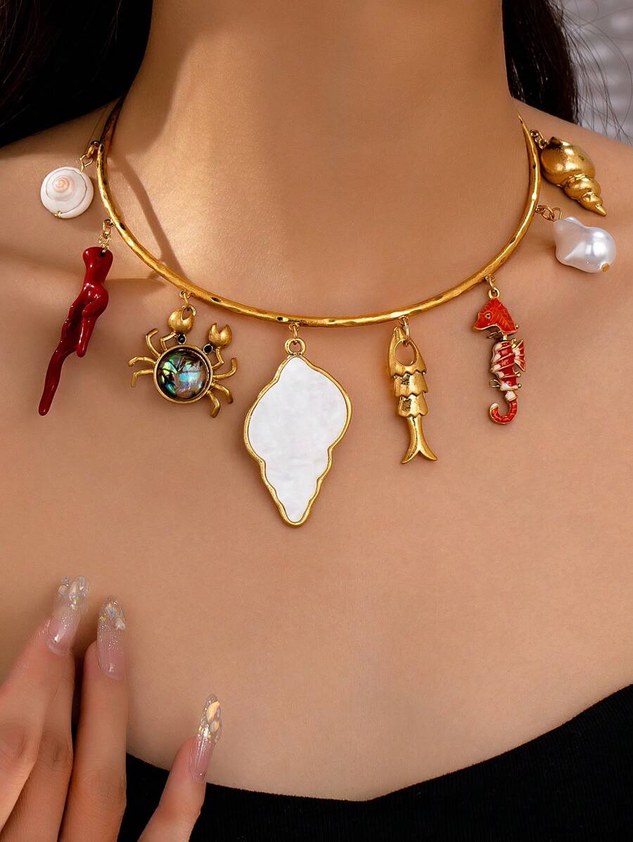 1 pieza Collar con colgante de verano con vida marina, coral, concha, caballito de mar, pez para mujer, joyería hecha a mano con formas y colores aleatorios