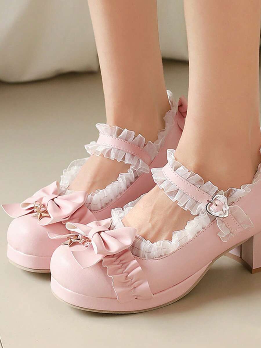 Sweet & Cute Fashion Bowknot Lace Trim Five-Pointed Star Decor Crisscross Strap Platform Heels, Adorable Doll Shoes, Elegant Wedding Formal Heels, Fashionable Ballet Style Heels, Versatile Ballroom Heels, Cute Solid Color Mary Janes Heels, All-Season Formal Dress Heels, Comfortable & Breathable High Heels