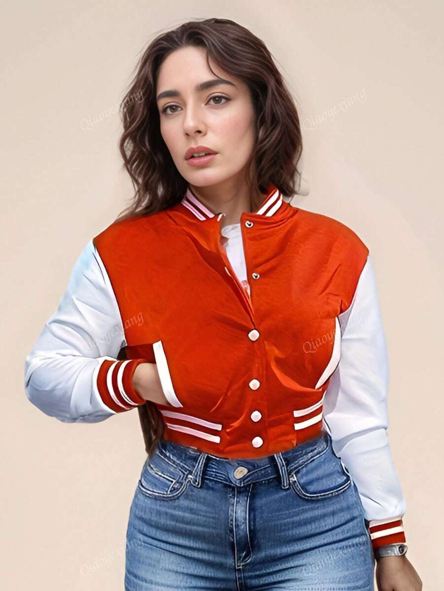 2024 Spring/Autumn European & American Women's Solid Color Single Breasted Bomber Jacket, Sports Outwear