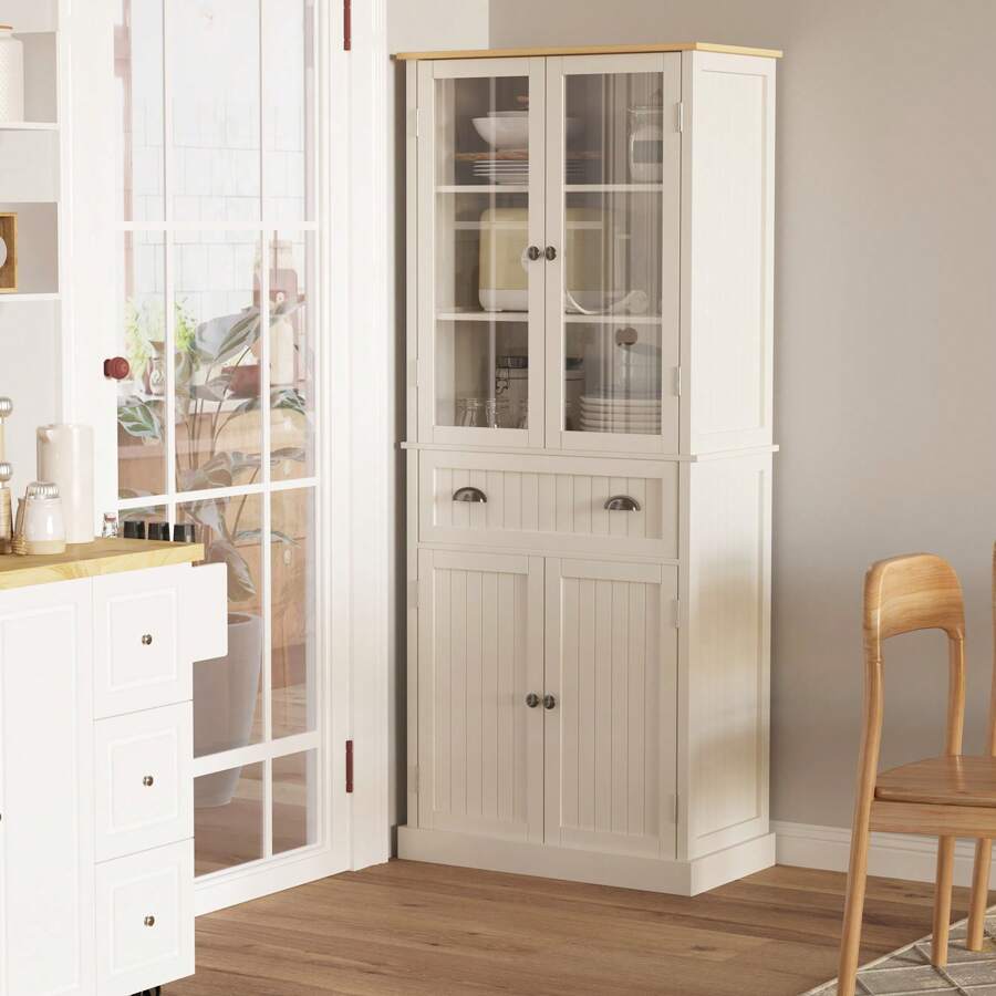HOMCOM HOMCOM Alacena de Cocina Despensa Armario de Cocina con 2 Puertas de Vidrio 1 Cajón y Baldas Ajustables Aparador para Comedor Salón Antivuelco 76x40x182,5 cm Crema