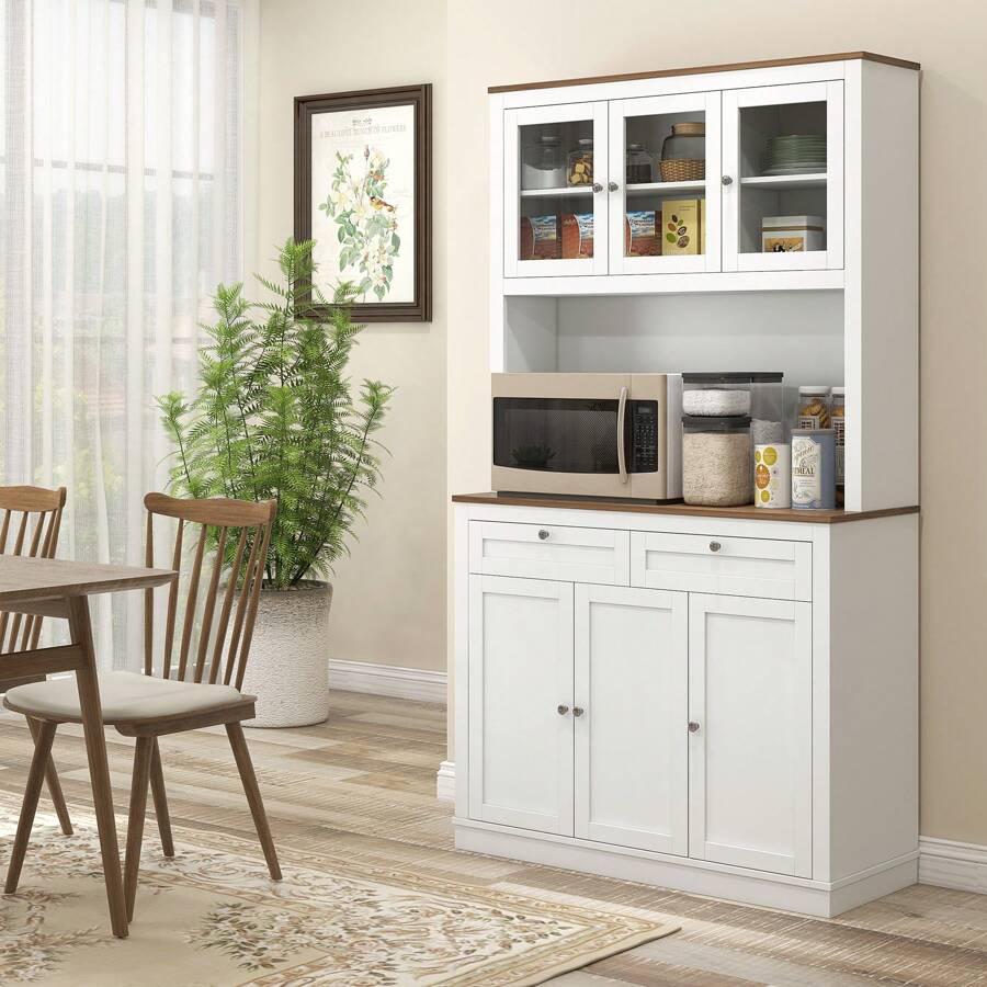 HOMCOM HOMCOM Alacena de Cocina Mueble Auxiliar de Cocina Armario de Cocina con 3 Puertas de Vidrio Compartimento Abierto 2 Cajones y Estantes Ajustables 100x40x180 cm Blanco