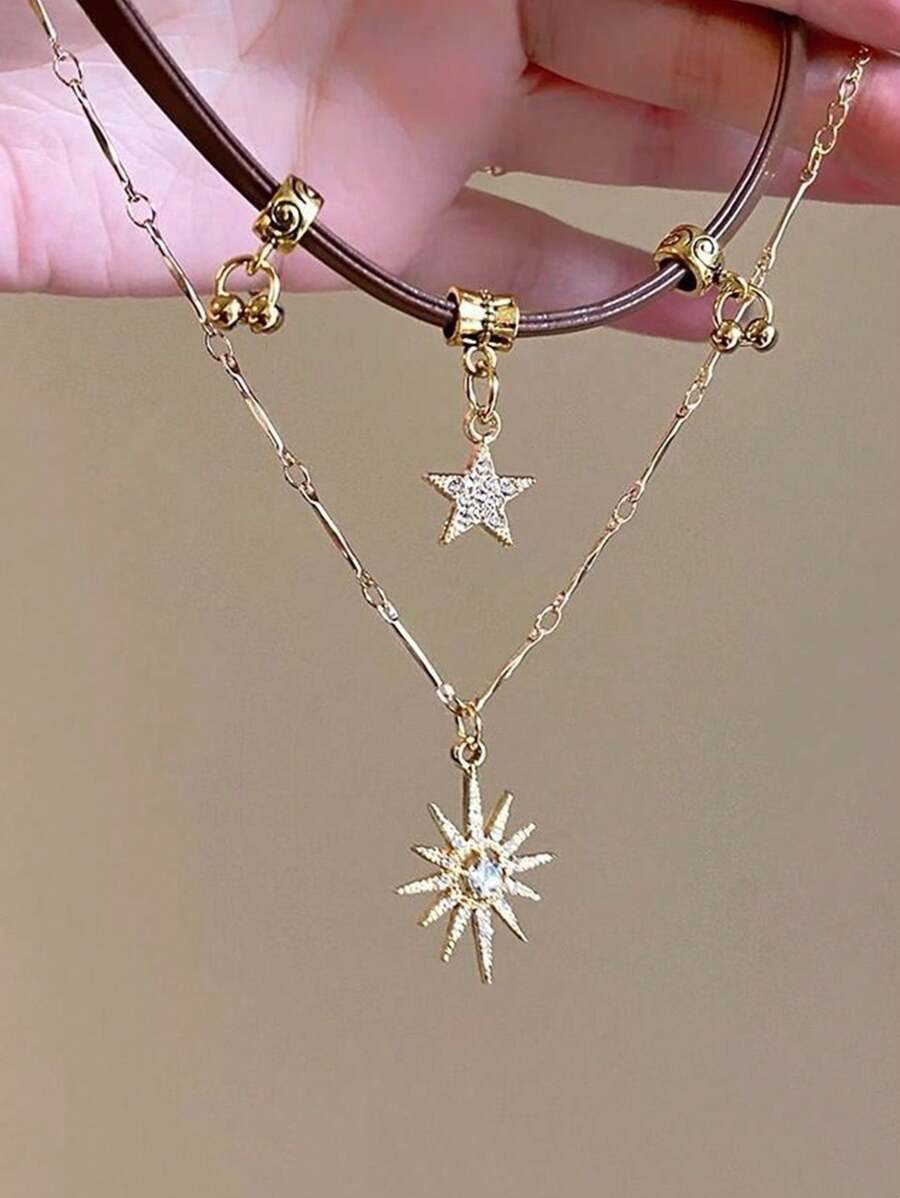 2Pcs/Set Fashion Sunflower Shiny Zirconia Pendant Necklace, Y2k Sweet Cool Style Women Stacking Collarbone Chain Necklace, Party Daily Jewellery