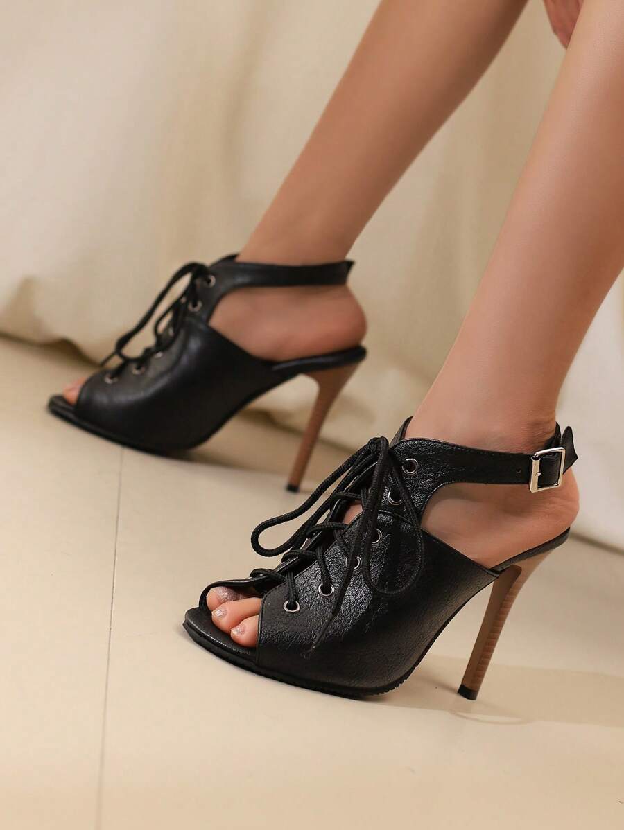 Black Open Toe Lace-Up High Heel Platform Women's Sandals With Ankle Wrap Straps