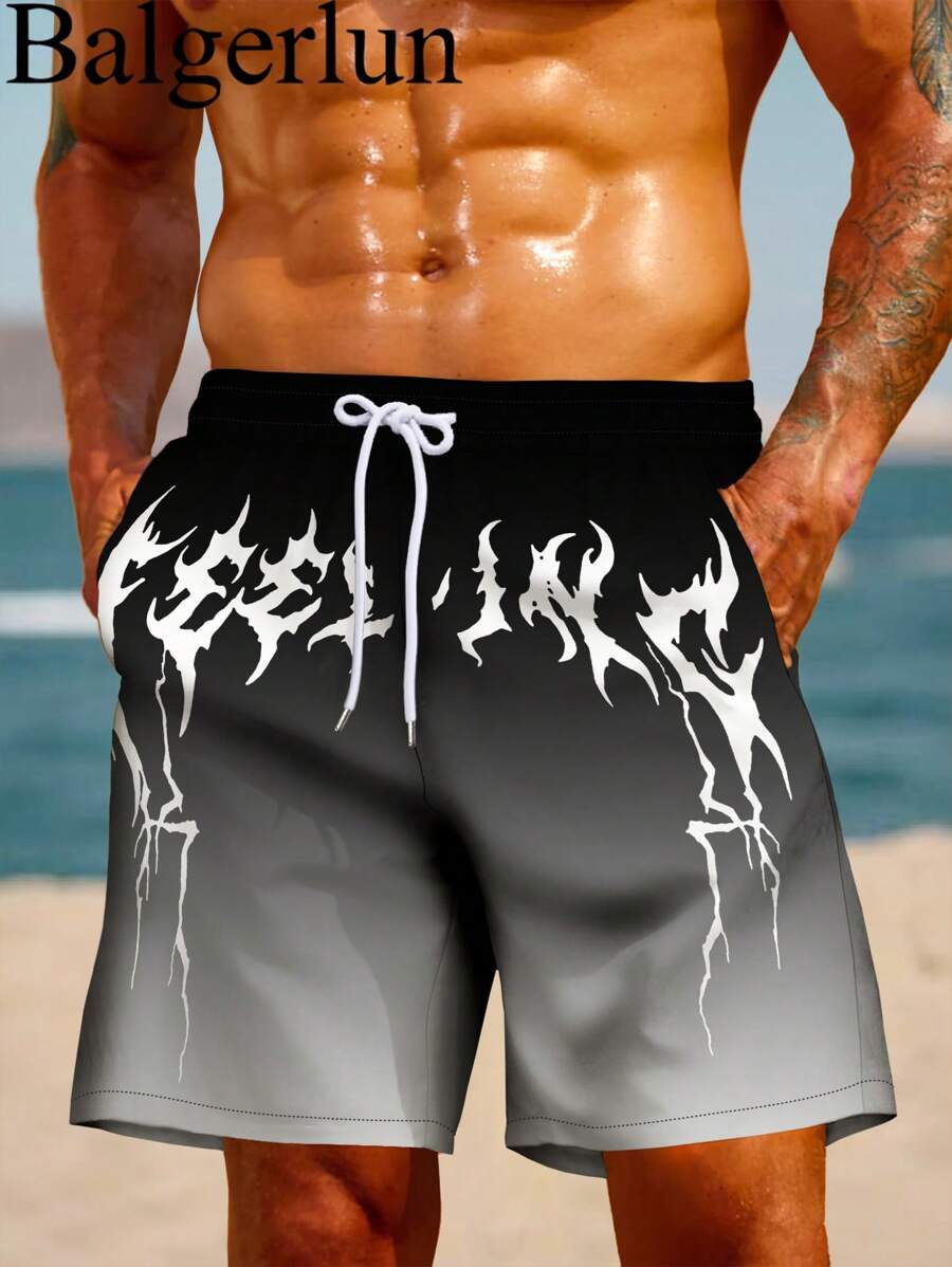 Men's Black & White Ombre Art Pattern 3D Digital Print Black Casual, Daily, Holiday Drawstring Waist Single Layer Beach Shorts