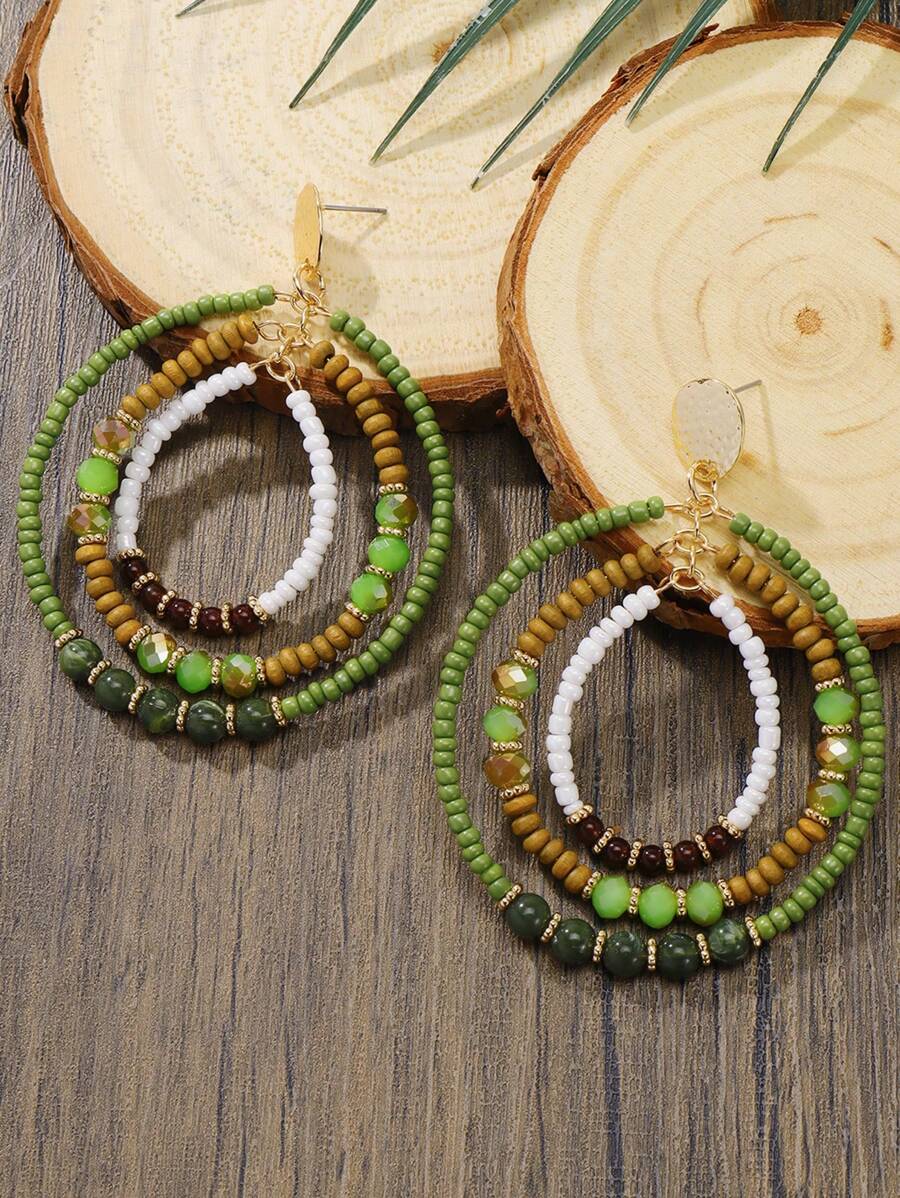 BOCAR 1 Pair Bohemian Olive Green Crystal & Wooden Bead Mixed 3-Layer Hoop Earrings, Suitable For Women Everyday Wear