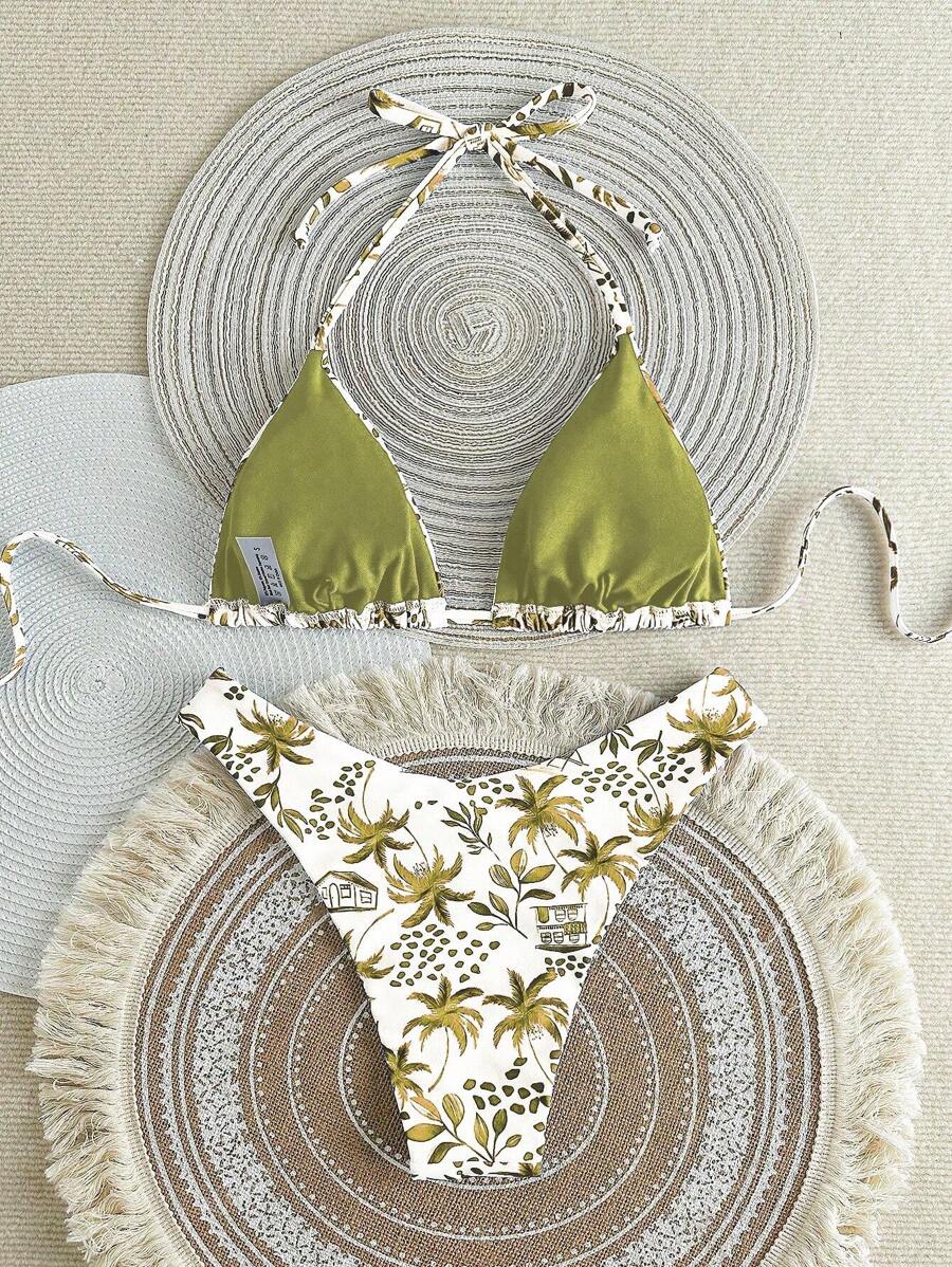 Conjunto de Maiô Bikini de Duas Peças Pescoço Pendurado e Estampa Triângulo Estilo de