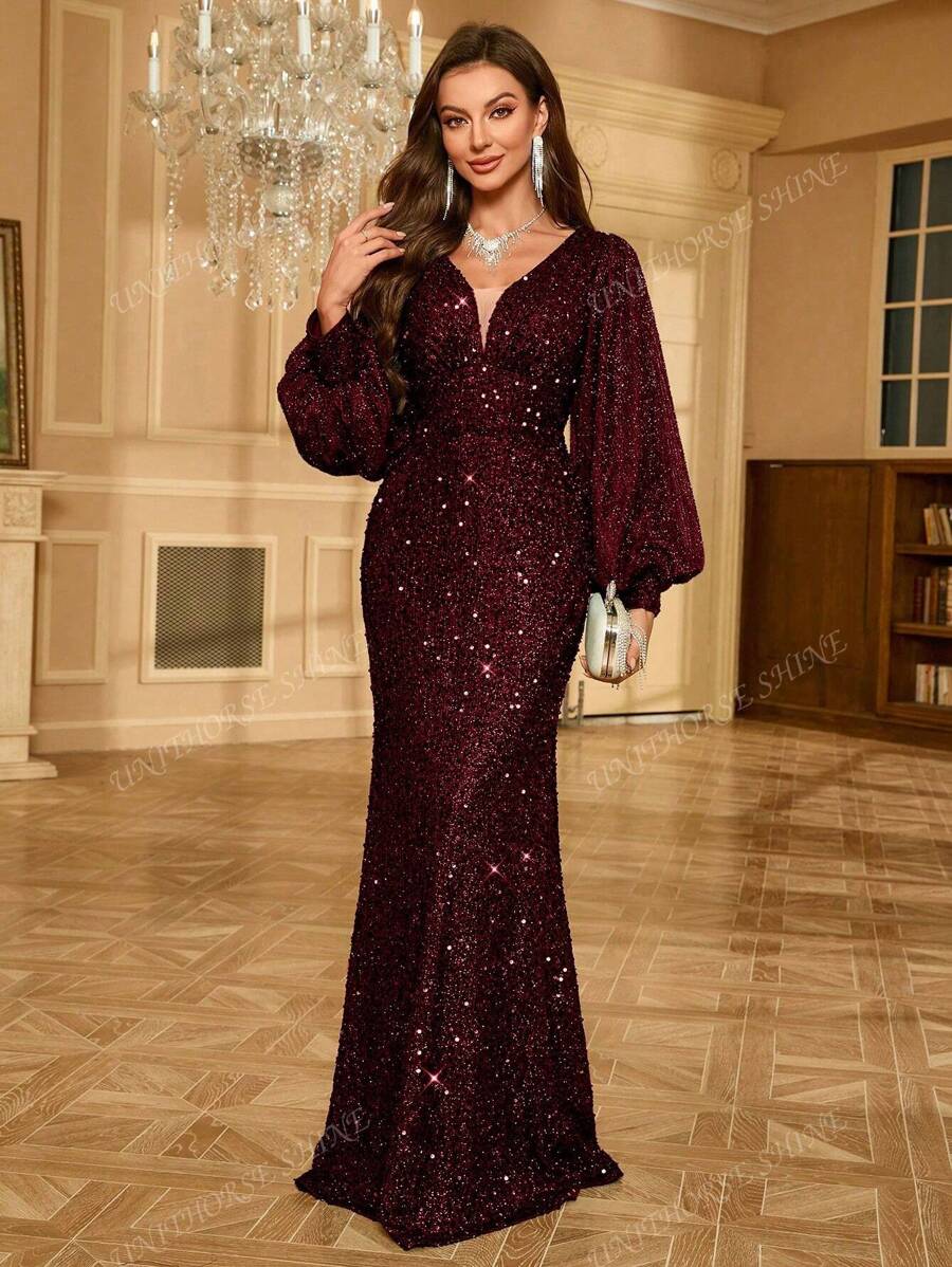 UNITHORSE Vestido de fiesta con escote en V profundo, bajo de sirena, mangas farol brillantes para mujer. Vestido formal para invitada de boda, vestido de novia, conjunto de cumpleaños, vestido de graduación, vestido de gala.