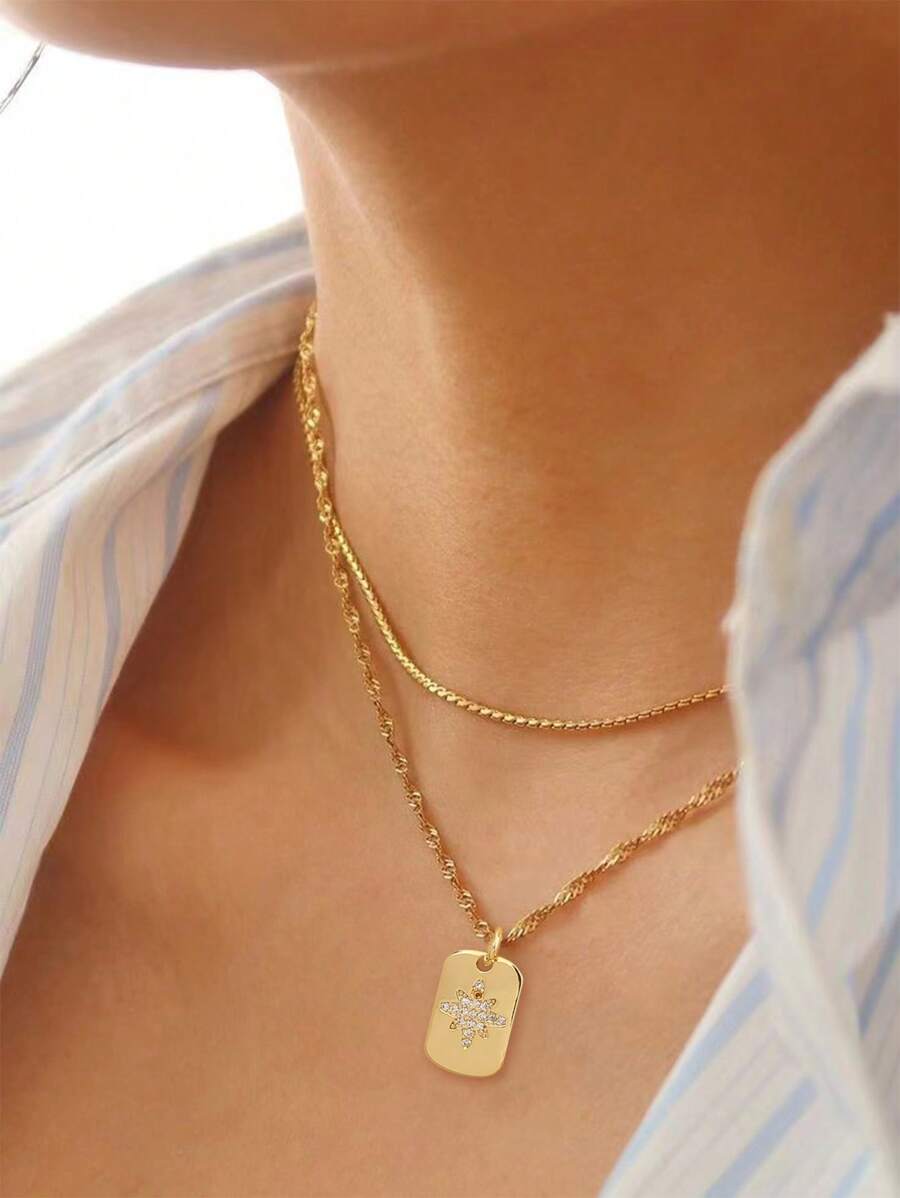 2pcs Set Elegant Middle East Inspired 18K Gold Plated Octagon Pendant Layered Necklaces, Suitable For Daily Wear & Festival Gifts