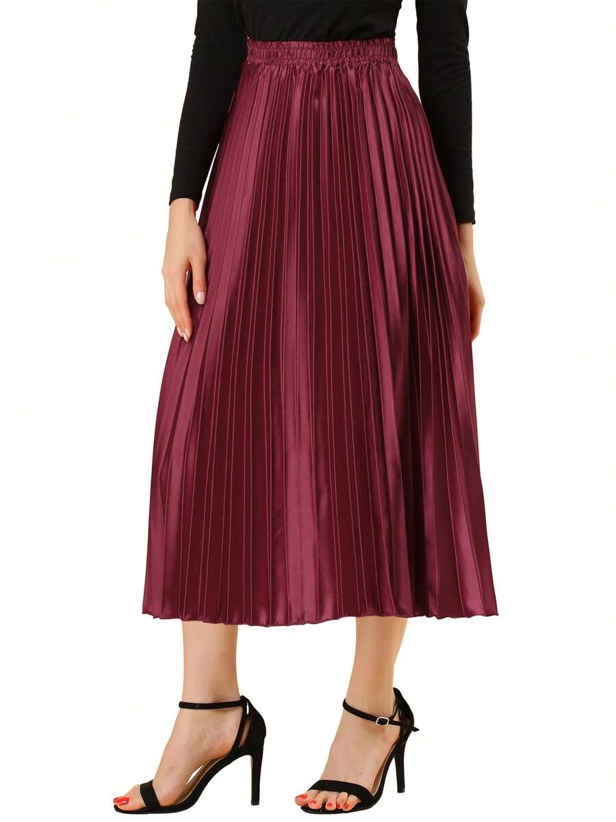 Women's Elastic Waist Metallic Shiny Accordion Pleated Midi Skirt