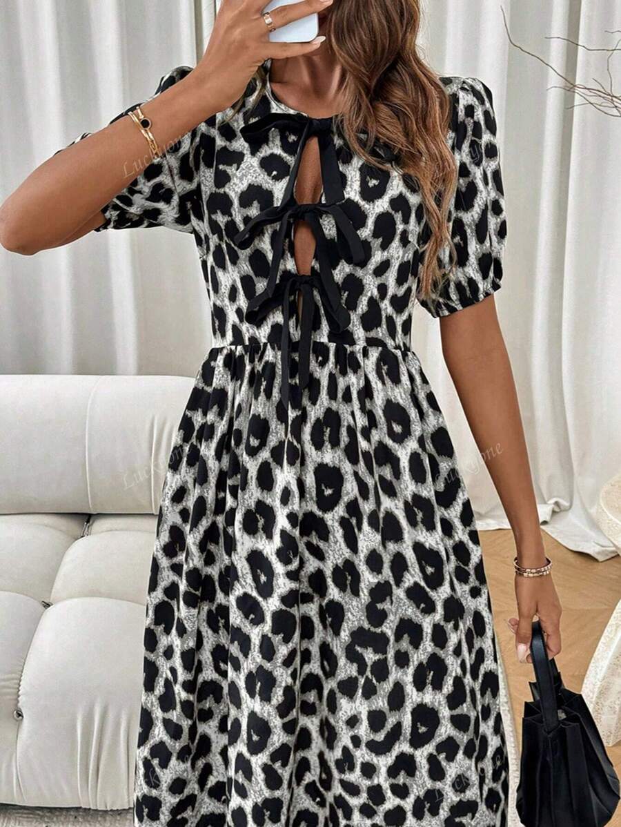 Women's Leopard Print Patchwork Contrast Color Bowknot Mini Dress