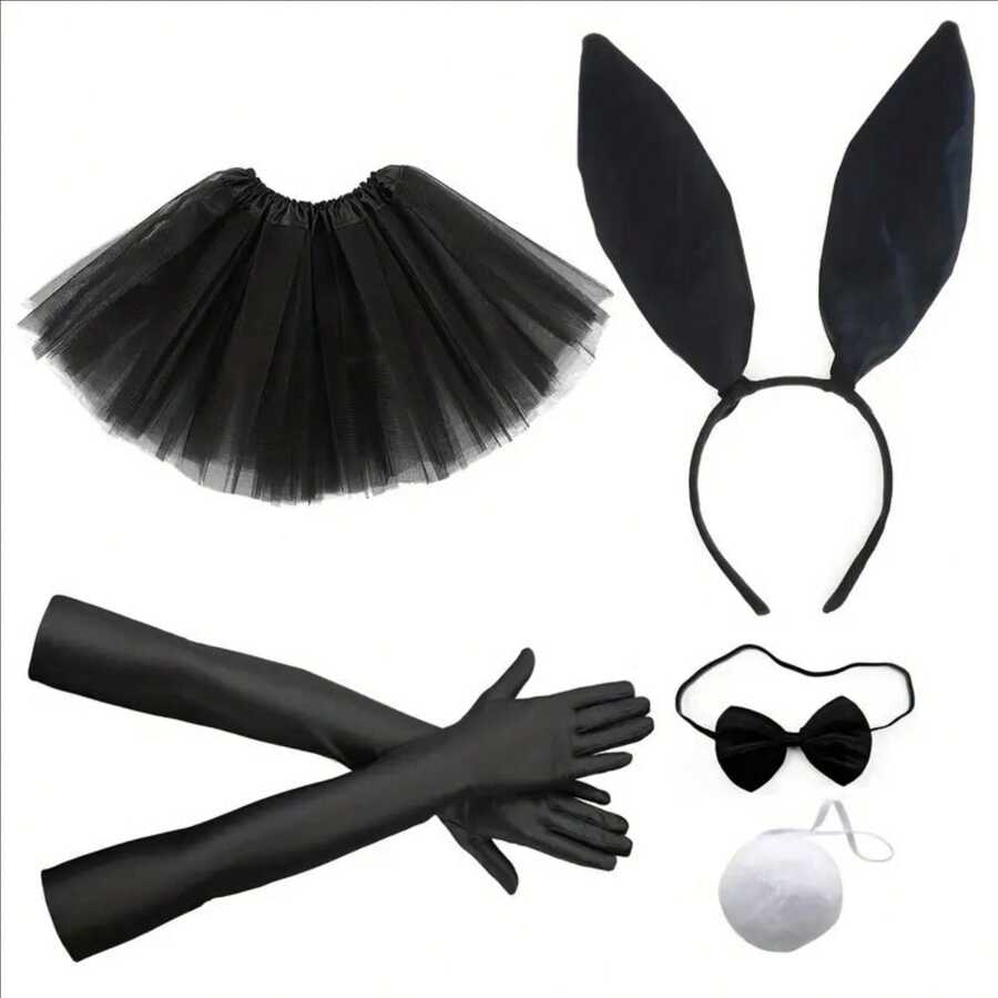 5pcs Bunny Set For Women - Includes Tutu Skirt, Rabbit Ears Headband, Bowknot, Gloves, And Tail - Perfect For Easter, Halloween, Valentine's Day, And Parties - Polyester Fiber, Cute & Playful Style, Prom