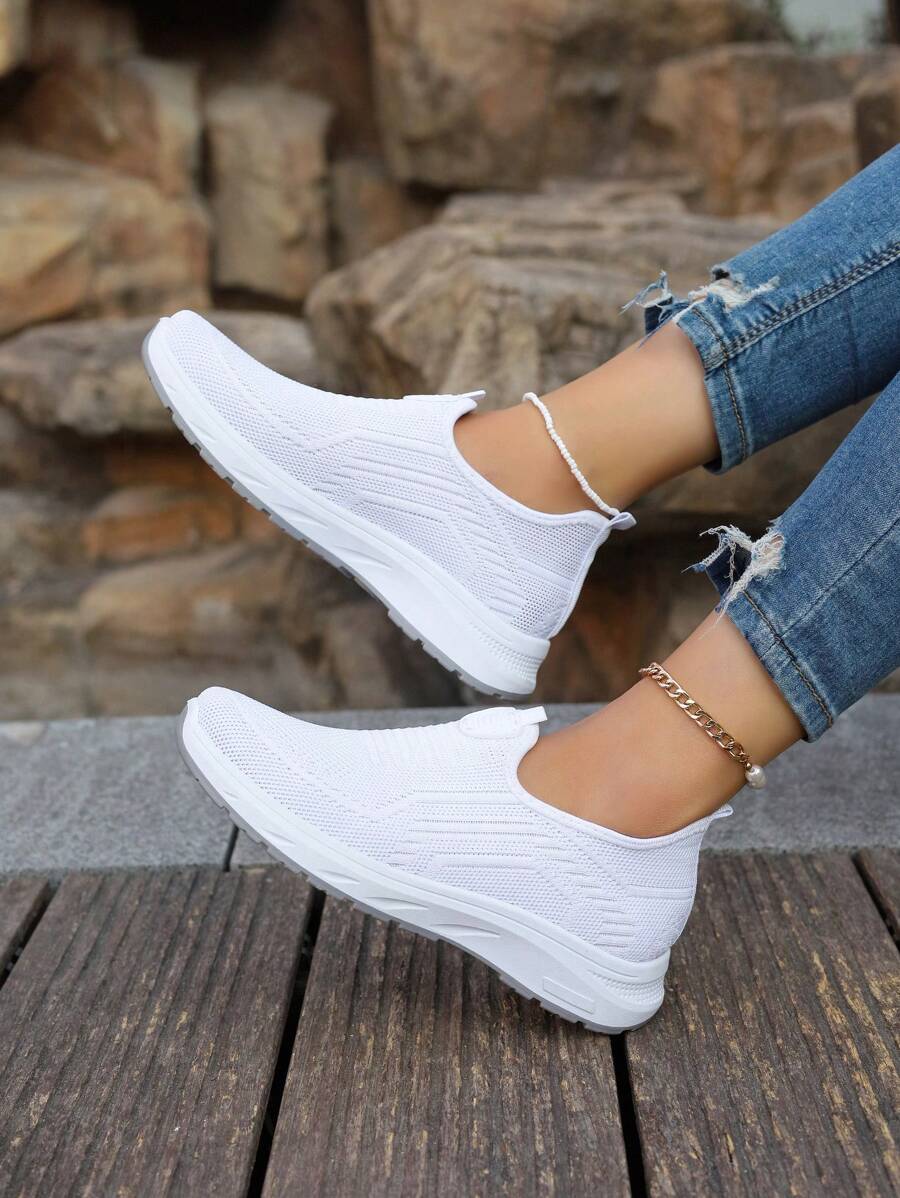 Plus Size Women's White Breathable Lace-Up Sneakers, Mesh Upper, Soft Sole, Shock Absorbing, Anti-Slip, Running Shoes, Casual Multifunctional Comfortable Outdoor Sports Shoes