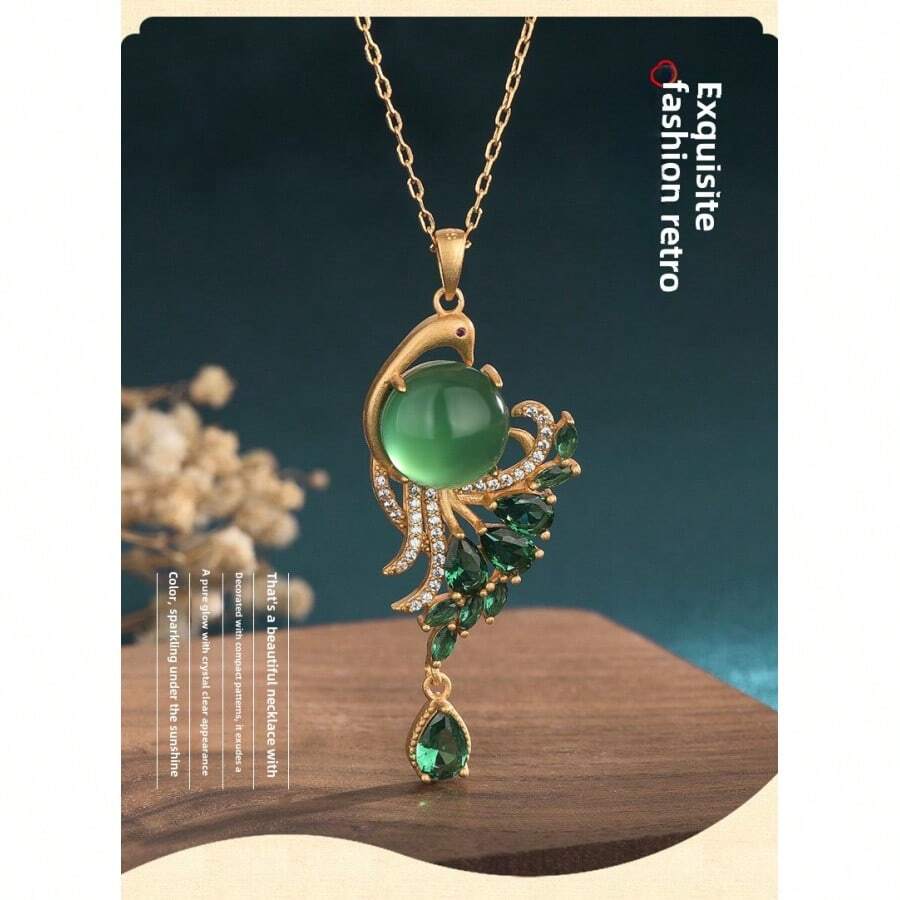 Collar colgante con diseño de pavo real de jade incrustado, accesorio de estilo vintage cheongsam chino para mujeres